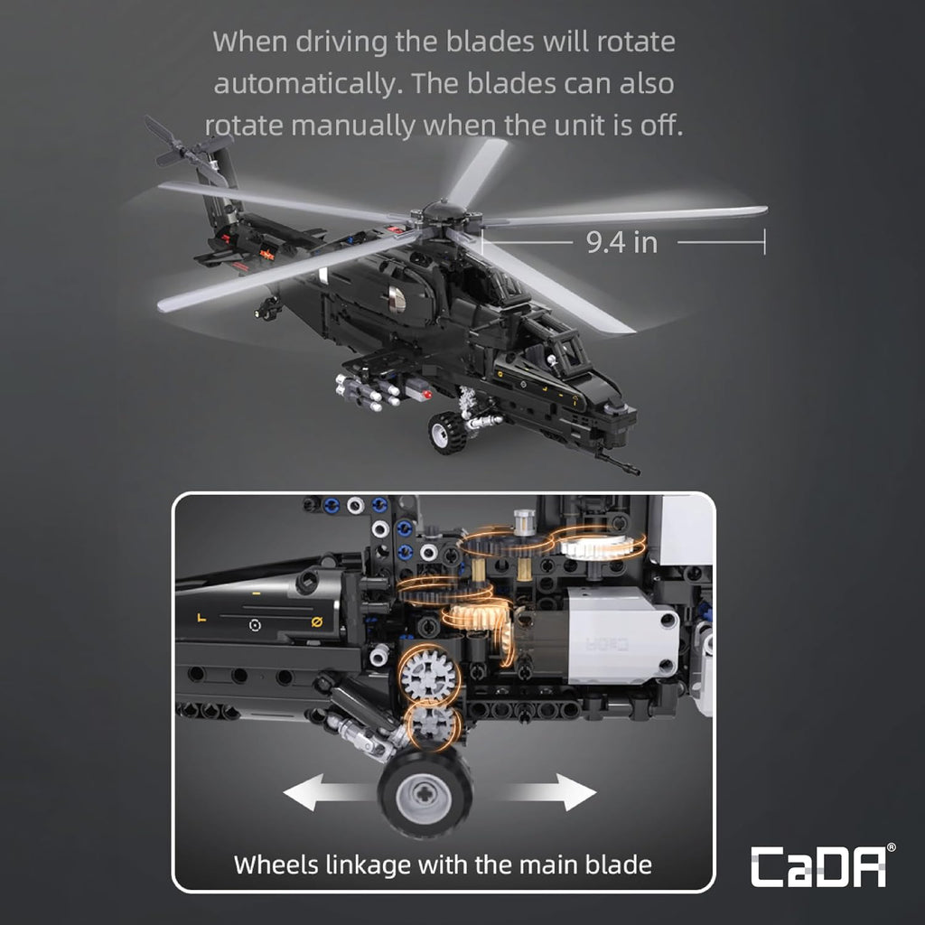 CADA Z-10 Kit de construcción de helicóptero motorizado – 989 piezas con batería recargable, motores duales, controlador de 2.4 GHz – Juego de helicóptero de ladrillo RC compatible con las principales