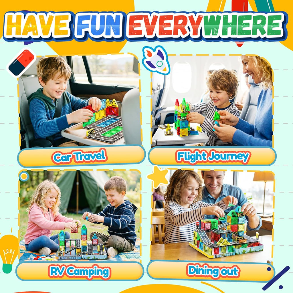 Azulejos magnéticos, juego de carretera, bloques de construcción de viaje con 2 autos y caja de metal, mini azulejos magnéticos para exteriores, juguetes de construcción para niños, regalos