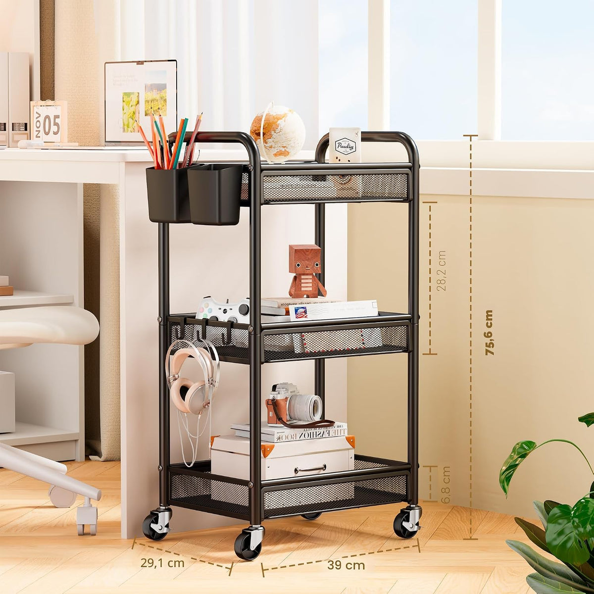 YASONIC Carrito de almacenamiento metálico de 3 niveles con ruedas, negro