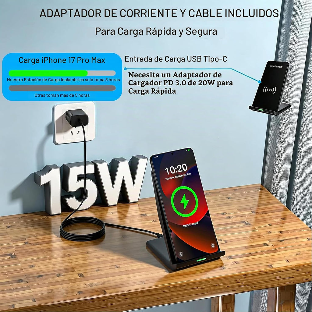 Cargador inalámbrico rápido, soporte de carga inalámbrico de escritorio con adaptador USB PD de 20 W para Samsung Galaxy S25/S24/S23/S22/S21/Note 20, Pixel 8/7 Pro, para iPhone 17 Pro Max/17 Pro/17/16