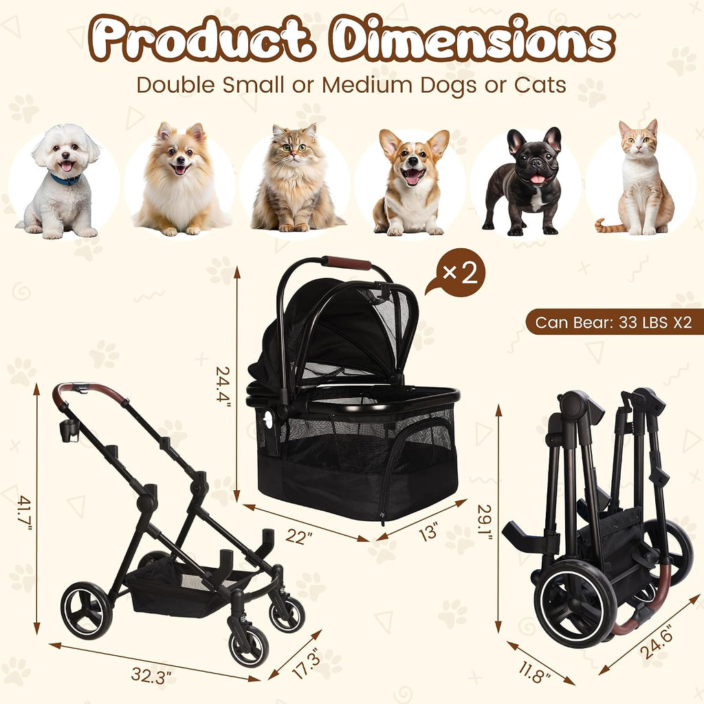 Cochecito plegable doble para mascotas para 2 perros pequeños y