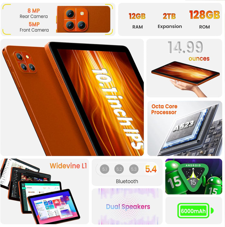 Tablet de 10 pulgadas, tableta Android 15, 12 GB de RAM y 128 GB de...