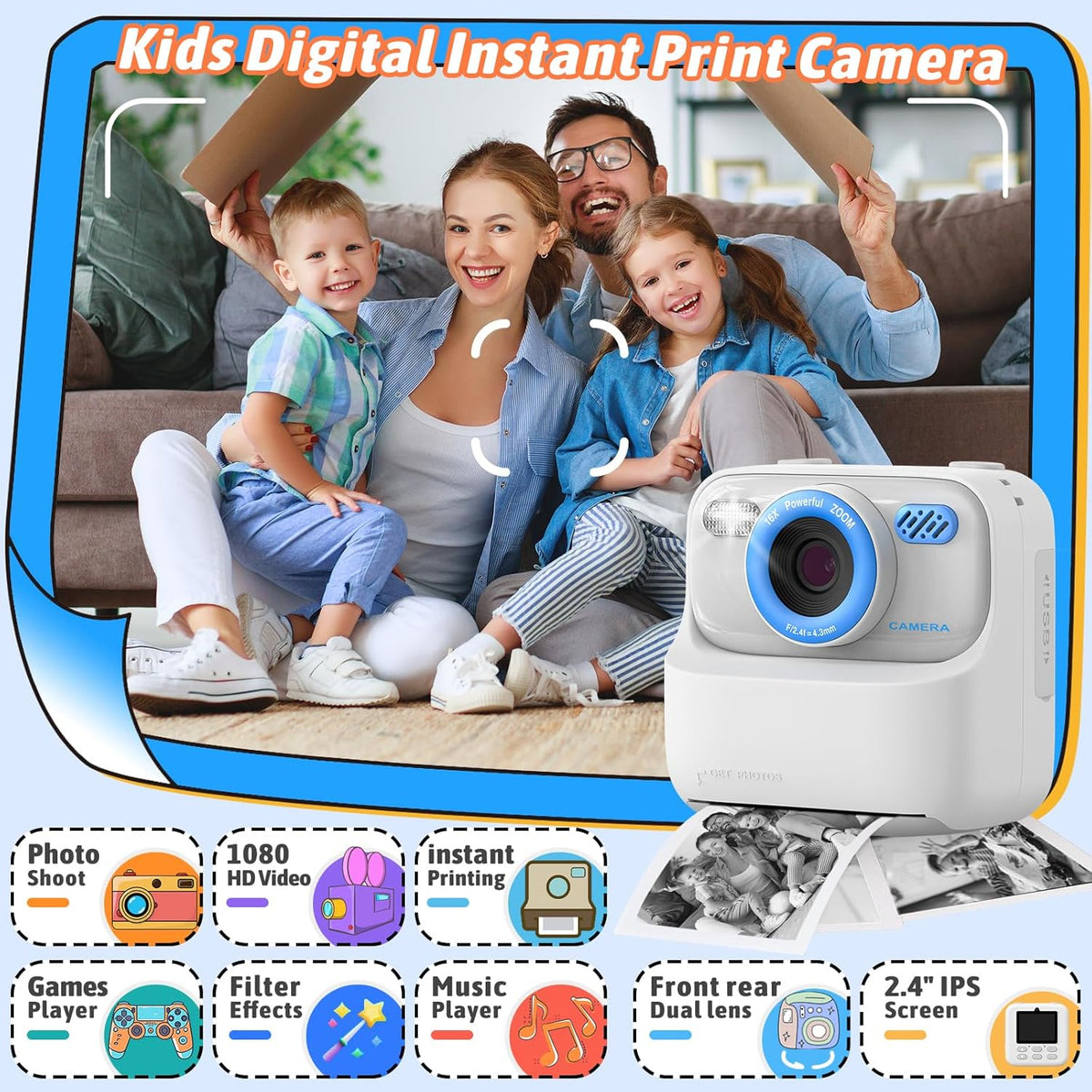 Cámaras digitales instantáneas para niños y niñas, cámara digital selfie HD de doble lente 1080P con papel de impresión y tarjeta TF, regalos de cumpleaños de Navidad, juguetes para niños pequeños y