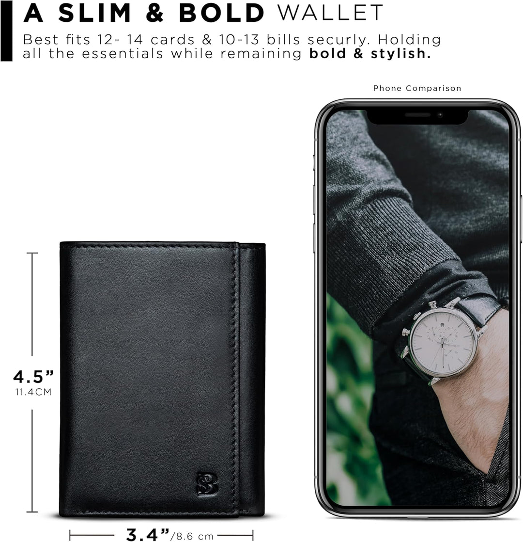 SERMAN BRANDS Billetera tríptica para hombres - Cuero genuino con b...