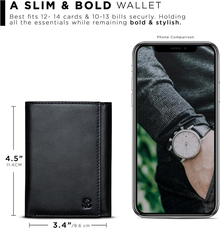 SERMAN BRANDS Billetera tríptica para hombres - Cuero genuino con b...