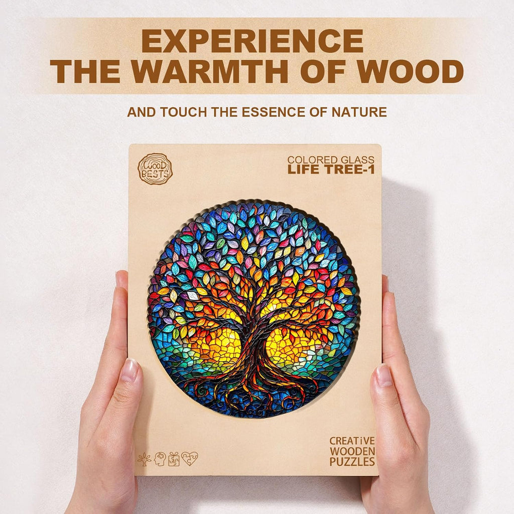 WOODBESTS Rompecabezas de madera para adultos (195 piezas - 29 x 28,7 cm) Rompecabezas de madera con forma única con árbol de la vida de vidrio coloreado Rompecabezas de madera para adultos con caja