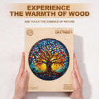 WOODBESTS Rompecabezas de madera para adultos (195 piezas - 29 x 28,7 cm) Rompecabezas de madera con forma única con árbol de la vida de vidrio coloreado Rompecabezas de madera para adultos con caja