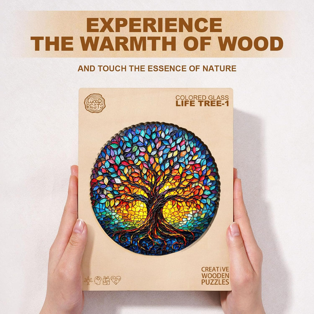 WOODBESTS Rompecabezas de madera para adultos (195 piezas - 29 x 28,7 cm) Rompecabezas de madera con forma única con árbol de la vida de vidrio coloreado Rompecabezas de madera para adultos con caja