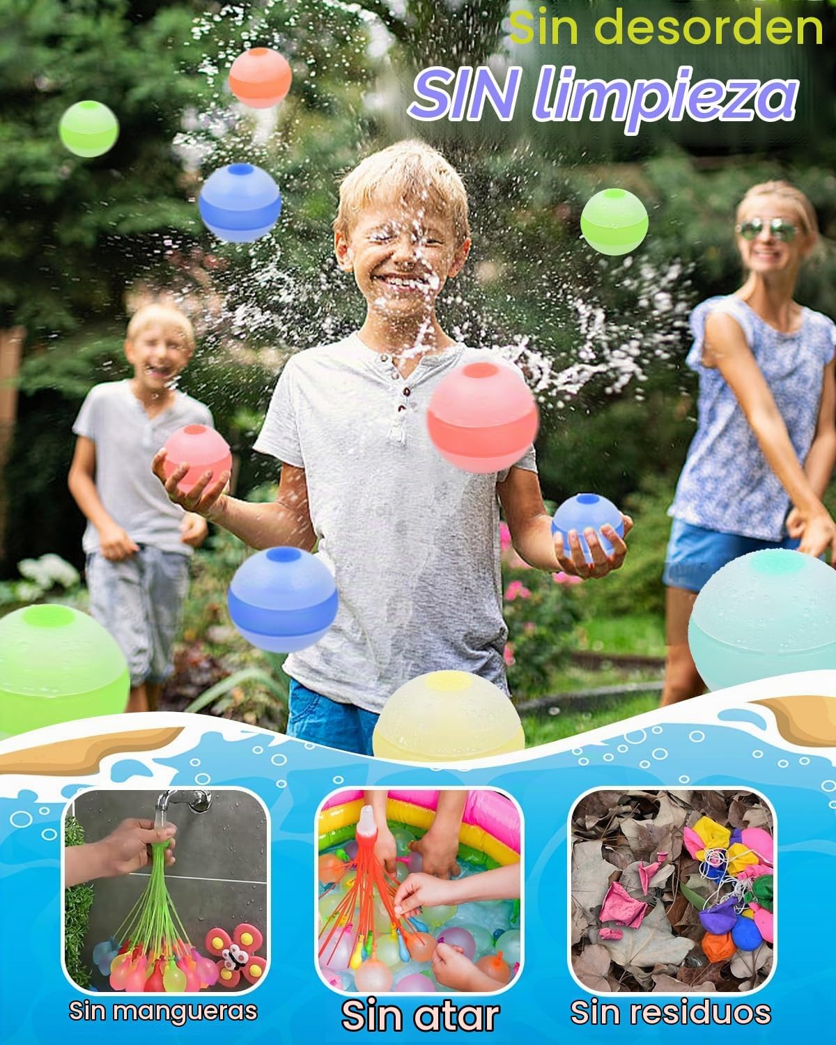 Globos de agua reutilizables, globos de bomba de agua autosellantes de llenado rápido, bola de agua de silicona recargable con bolsa de malla para juegos de verano para niños, playa al aire libre