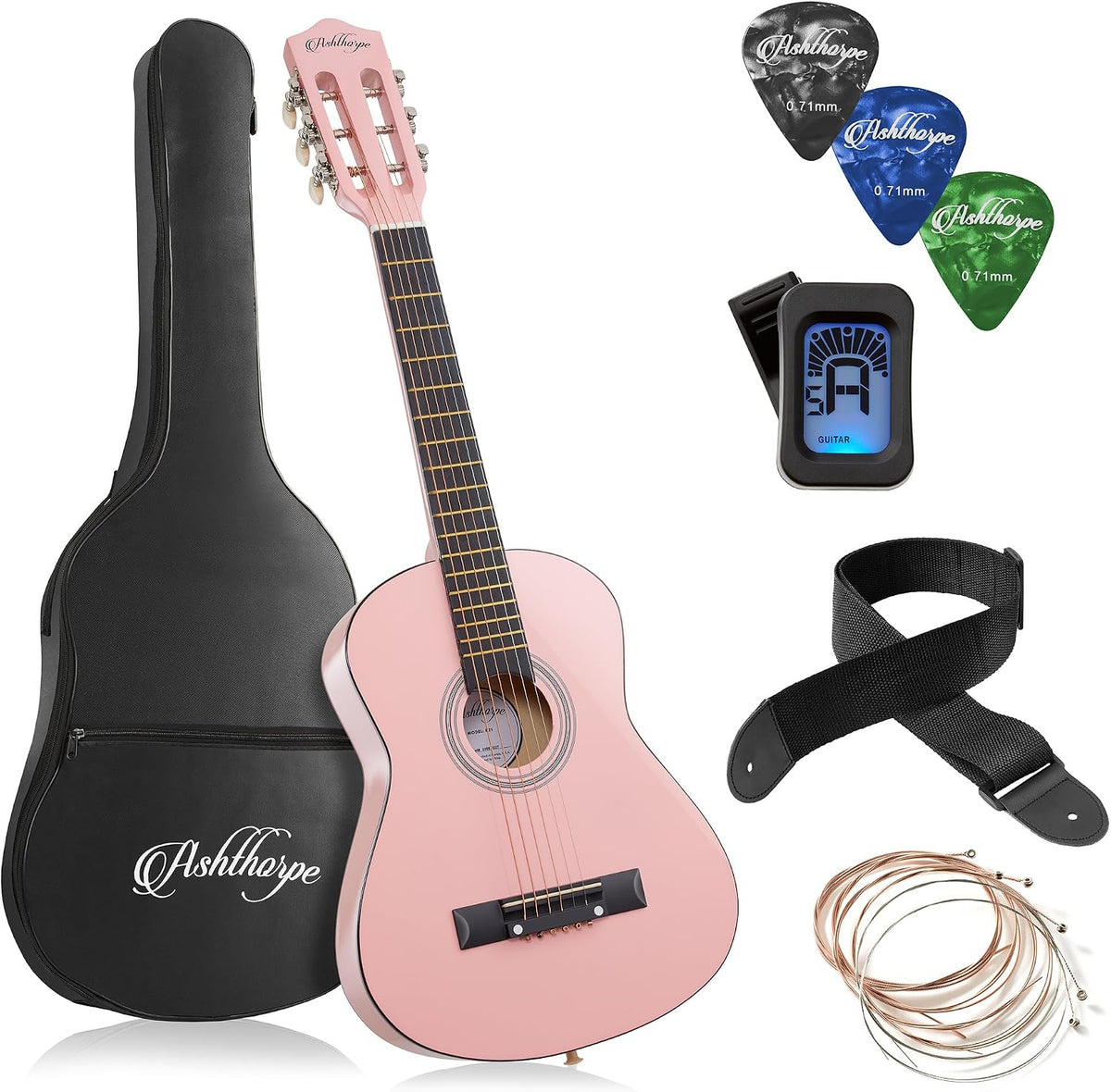 Ashthorpe Guitarra acústica infantil de 30 pulgadas (rosa), kit de inicio para principiantes con bolsa de concierto, cuerdas adicionales, correa, púas y lecciones