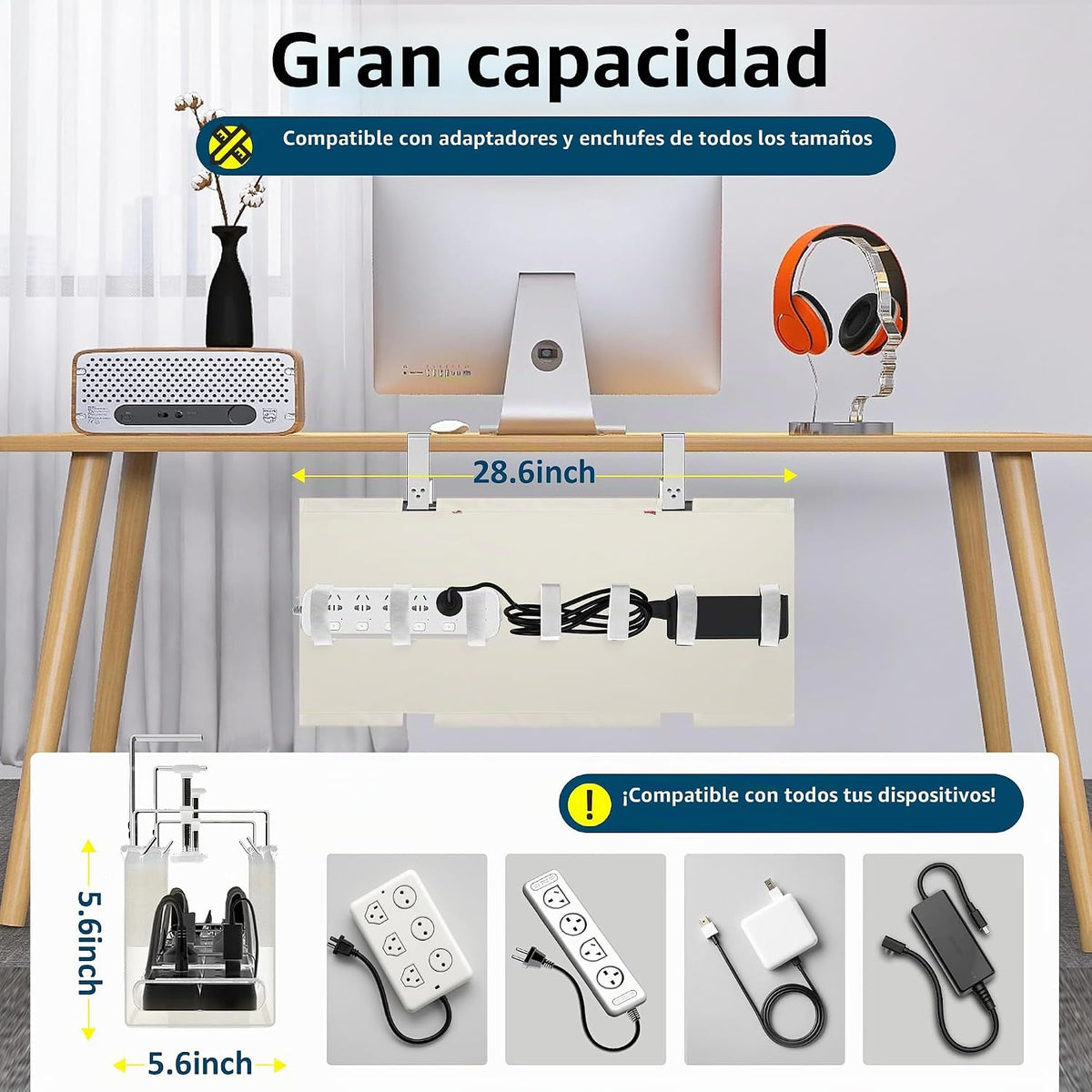 Bandeja de organización de cables debajo del escritorio, gestión de cables debajo del escritorio, montaje de abrazadera/tornillo, organización de cables de tela, bandeja para canaletas de