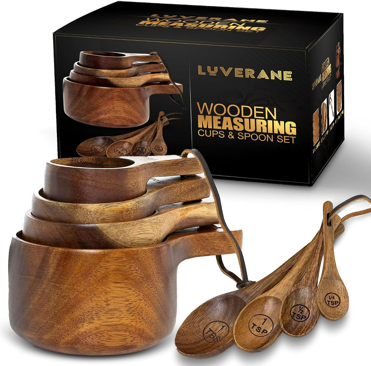 Juego de 8 tazas y cucharas medidoras de madera, madera de acacia maciza con medidas grabadas, utensilios de cocina apilables para cocinar con precisión, hornear y preparar alimentos, ideal para