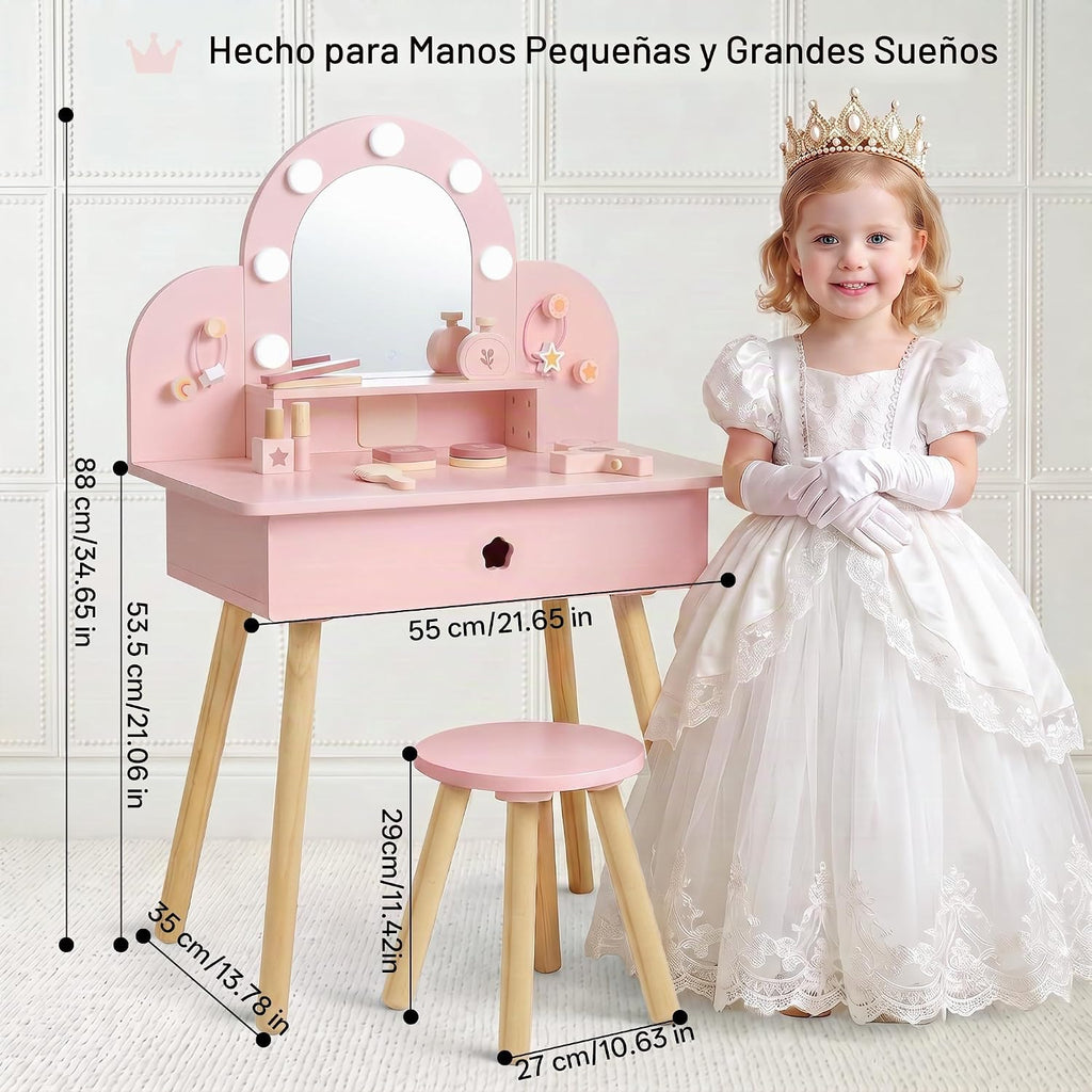 Juego de mesa y silla para niños con espejo iluminado de 3 colores, 11