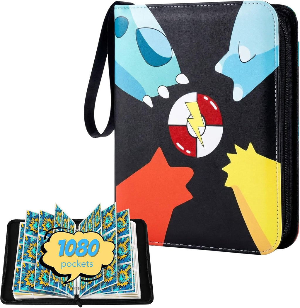 KS SHOP® Carpeta de tarjetas de 1080 bolsillos, álbum de tarjetas coleccionables de 9 bolsillos premium con 60 hojas de doble cara, libro de colección de 3 anillos con cremallera, tarjetero impermeable con correa para la muñeca