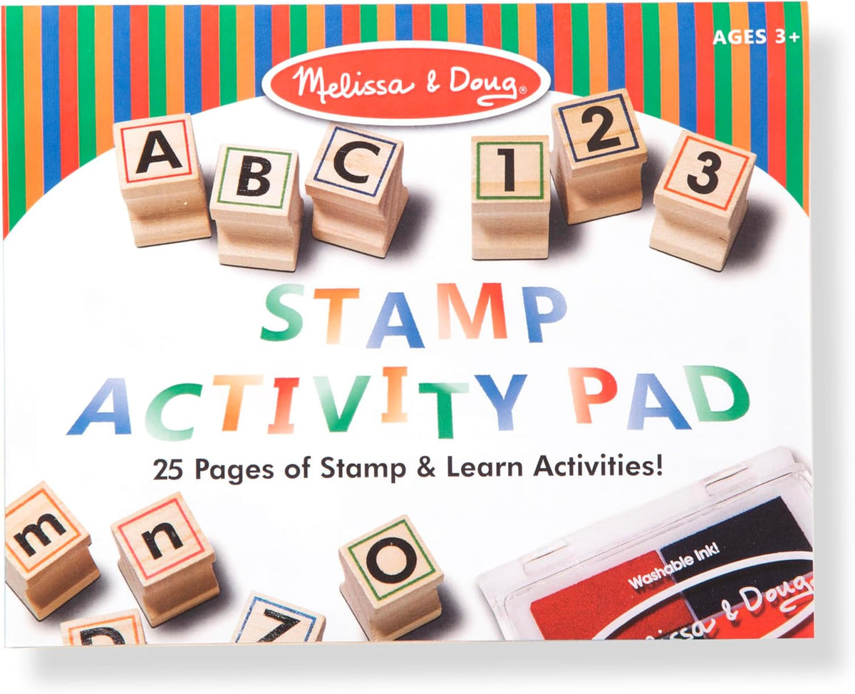 Melissa & Doug - Juego de sellos de madera con letras y números ABC 123 con libro de actividades (idioma español no garantizado), 4 colores