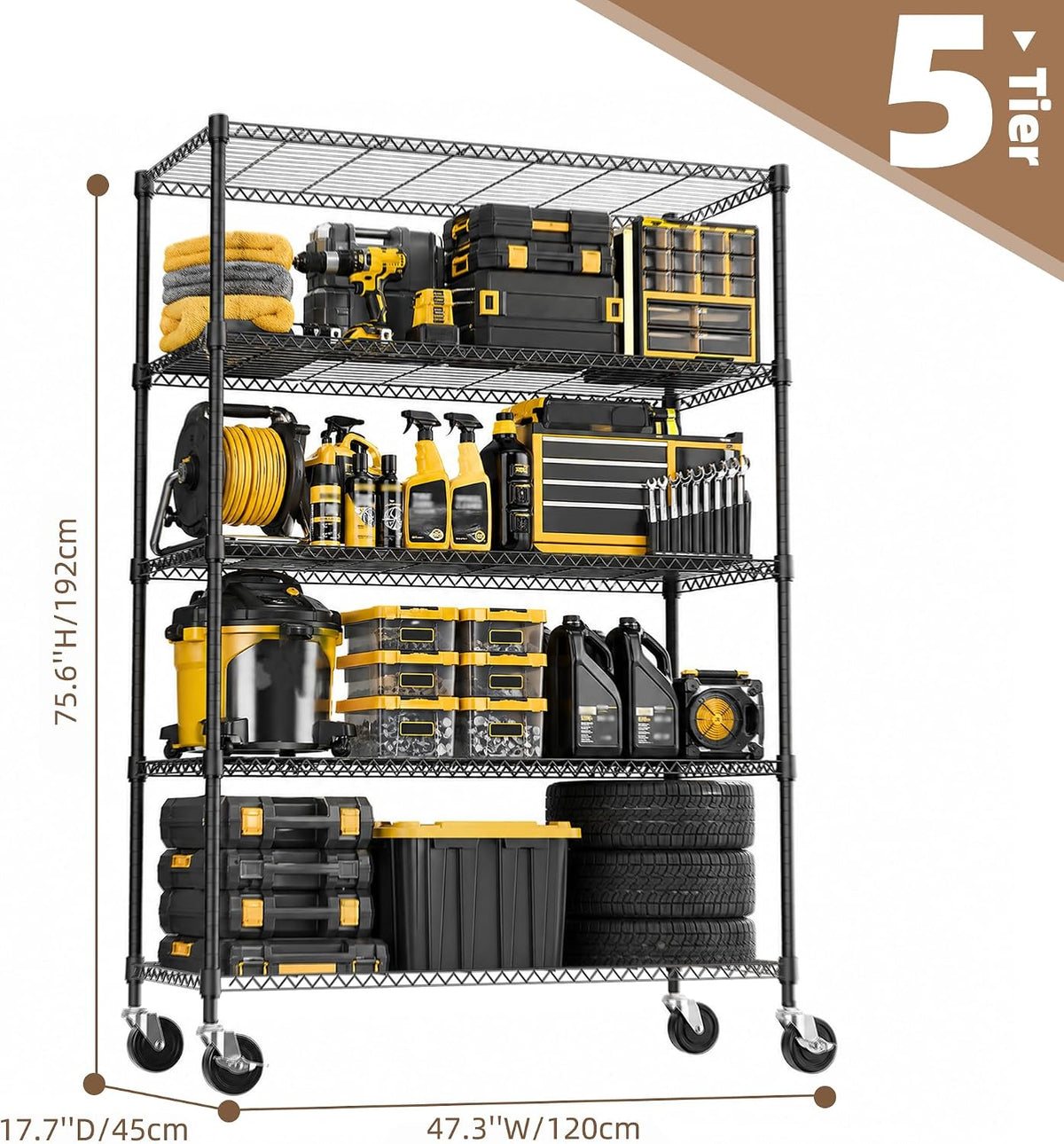 M MZG Estantería de garaje resistente con 5 estantes, estante de almacenamiento ajustable para cocina, lavandería, baño, despensa, capacidad de 1750 libras, color negro, 17.7 x 47.3 x 75.6 pulgadas