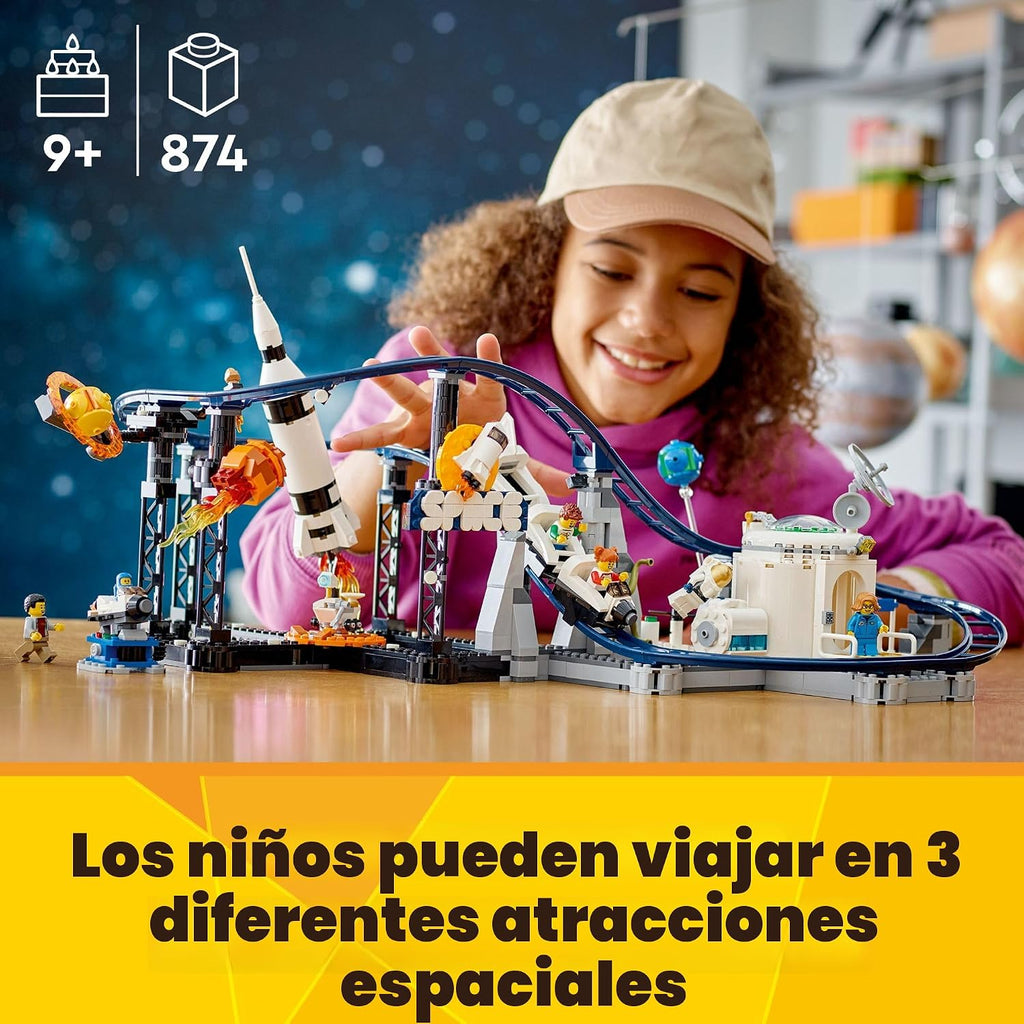 LEGO Creator 31142 - Juego de construcción de montaña rusa espacial 3 en 1 con montaña rusa, torre de caída, carrusel y 5 minifiguras, parque de diversiones reconstruible para niños de 9 años en