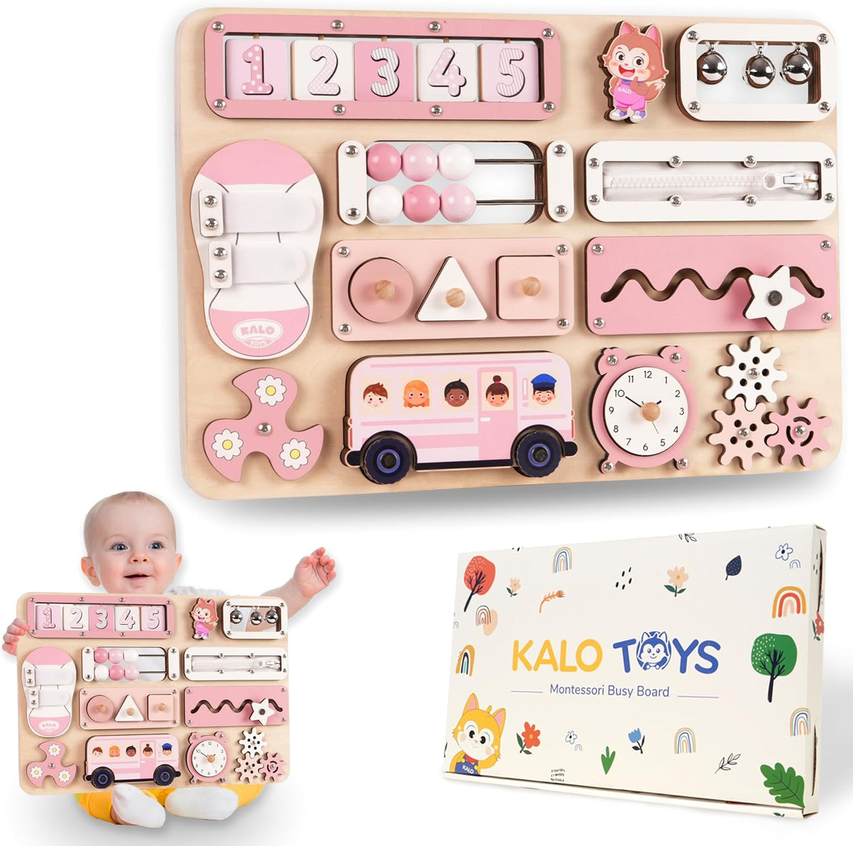Tabla Montessori grande para bebés y niños pequeños de 1 a 3 a 17 pulgadas, tabla de actividades sensoriales de madera - Habilidades motoras finas y juguete educativo de aprendizaje temprano para niños de 1, 2, 3 años, apto para viajes y seguro