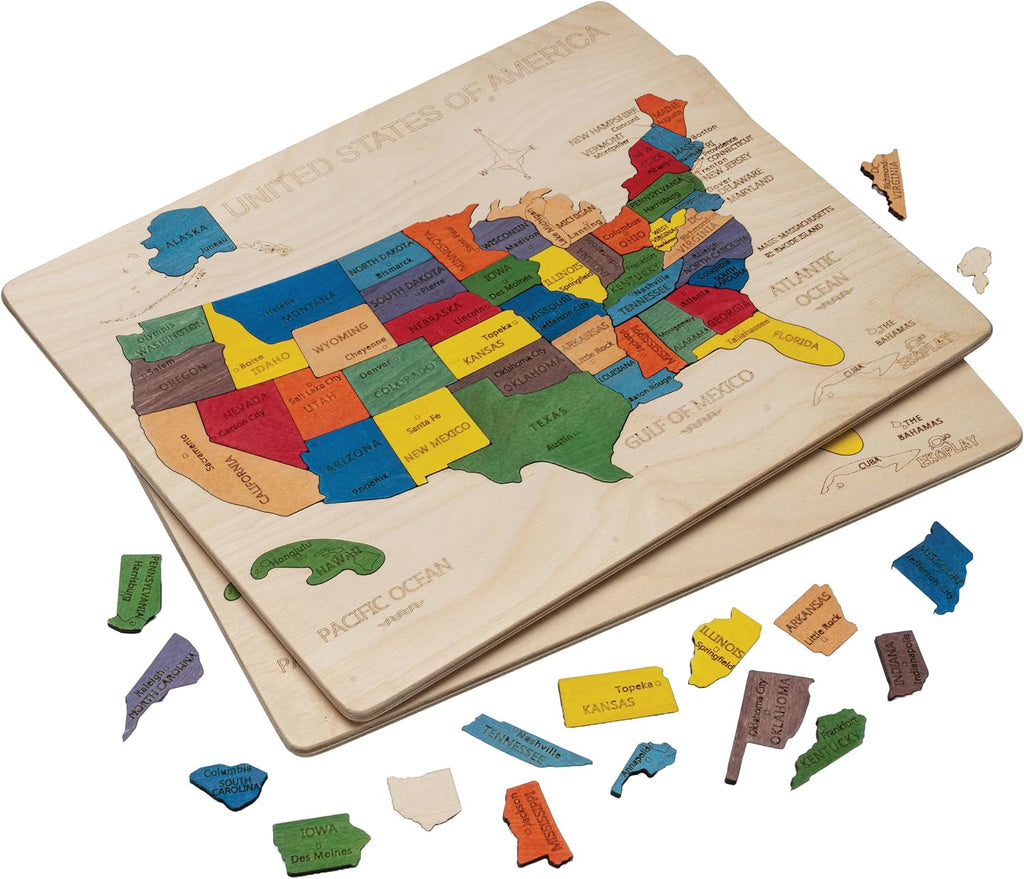 Mapa de Estados Unidos - Rompecabezas de madera de 14 pulgadas | 14.0 x 11.5 pulgadas | 44 piezas de rompecabezas – Small States are Clubbed | Juguete educativo y de aprendizaje regalo para niños y niñas a partir de