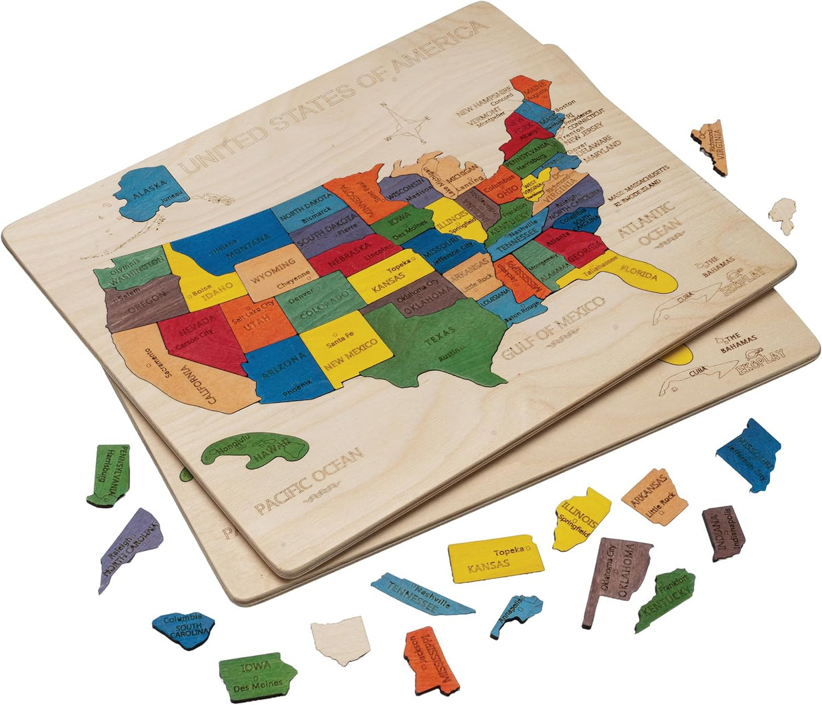 Mapa de Estados Unidos - Rompecabezas de madera de 14 pulgadas | 14.0 x 11.5 pulgadas | 44 piezas de rompecabezas – Small States are Clubbed | Juguete educativo y de aprendizaje regalo para niños y niñas a partir de