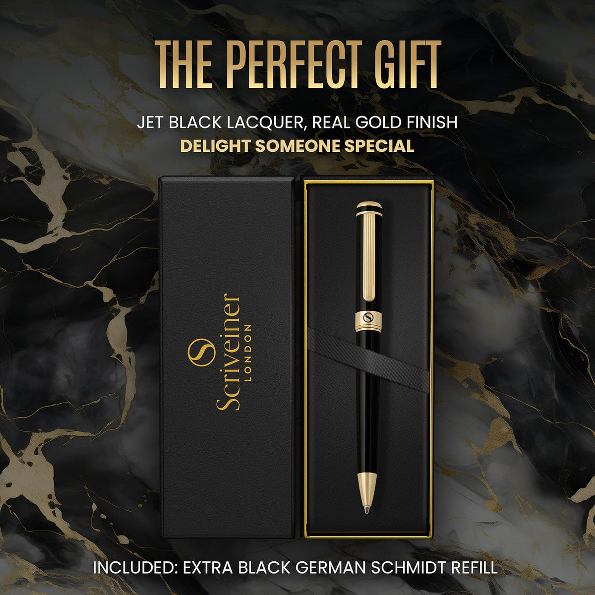 Bolígrafo laqueado en negro Scriveiner - Impresionante pluma de lujo, chapado en oro real, repuesto Schmidt de tinta negra, el mejor juego de regalo para hombres y mujeres, plumas profesionales