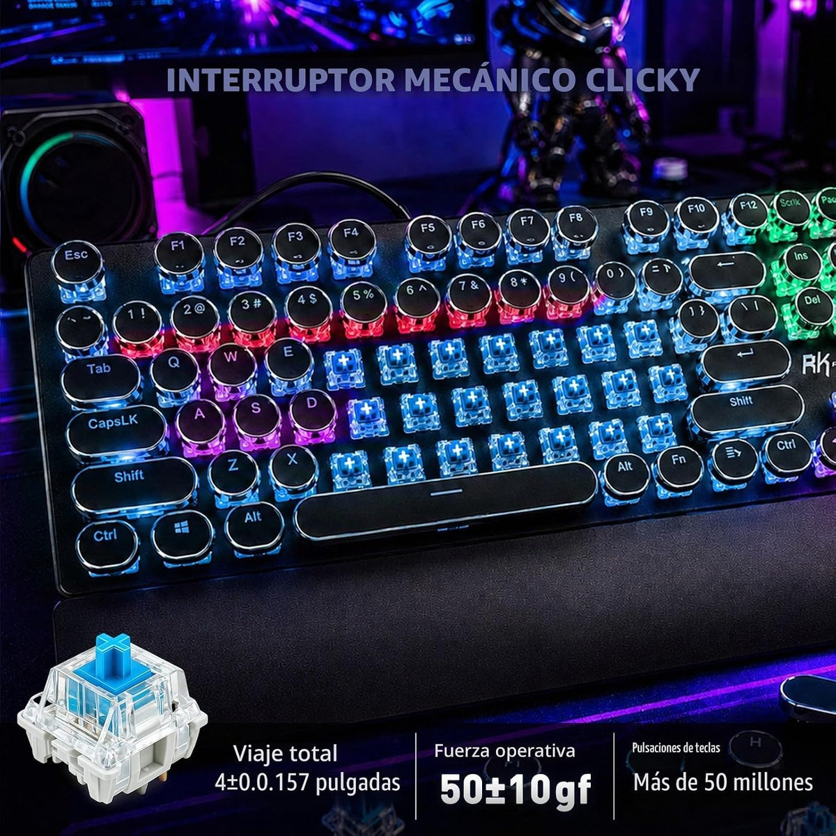 RK ROYAL KLUDGE S108 - Teclado mecánico de máquina de escribir, teclado para juegos con cable con teclado numérico, teclados retro de tamaño completo con reposamuñecas desmontable para Mac/Win/PC