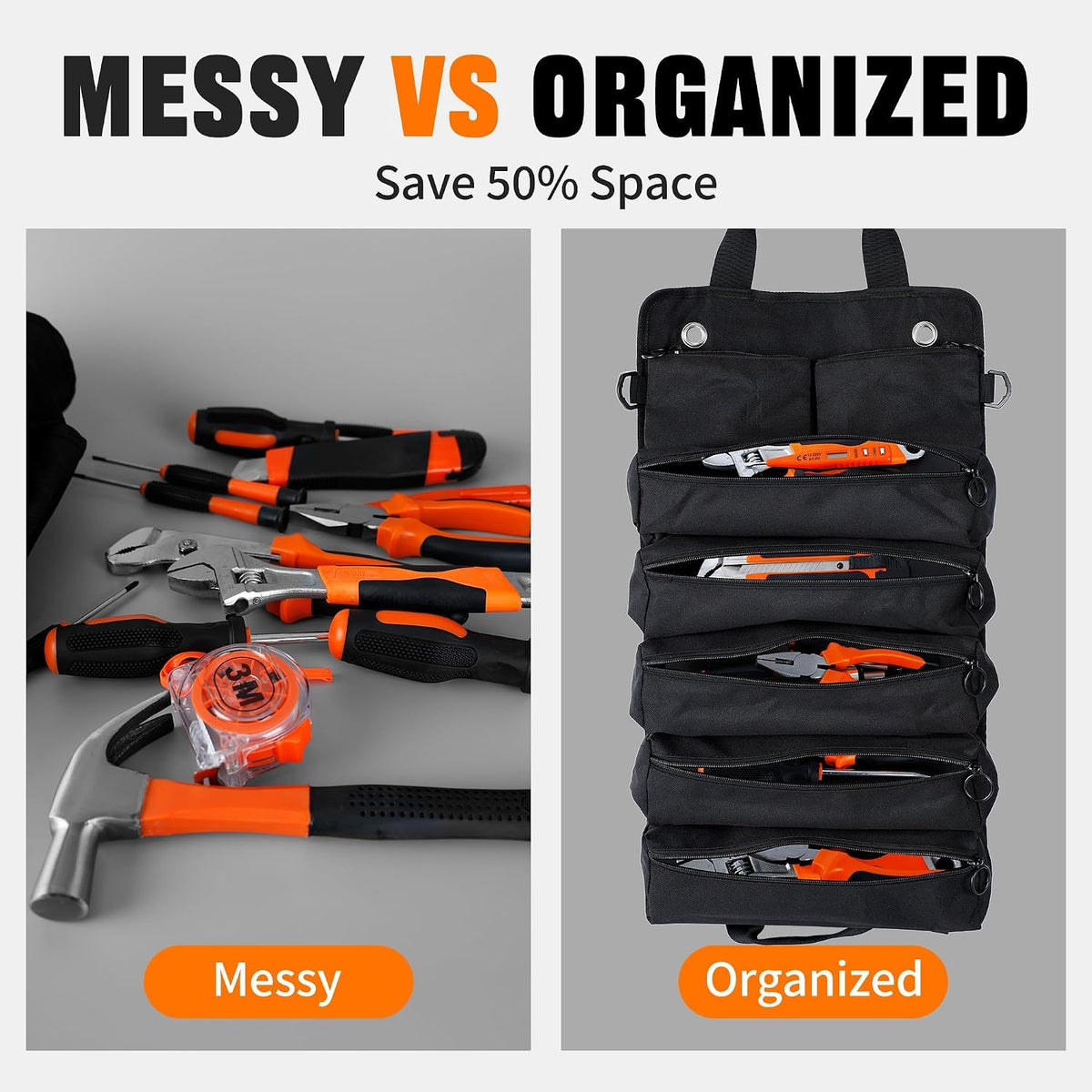 Bolsa plegable portátil para herramientas, bolsa organizadora de herramientas resistente con 5 compartimentos y 2 bolsas desmontables para almacenamiento de herramientas, bolsa enrollable impermeable para papá, hombres, electricista, mecánico, regalos