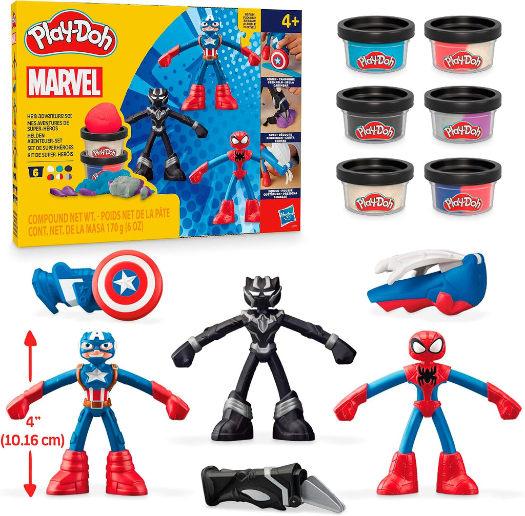 Play-Doh Marvel Hero Adventure Playset, 3 figuras de acción de Marvel con herramientas reutilizables, Black Panther, Capitán América y Spider-Man, juguetes de imaginación para niños y niñas