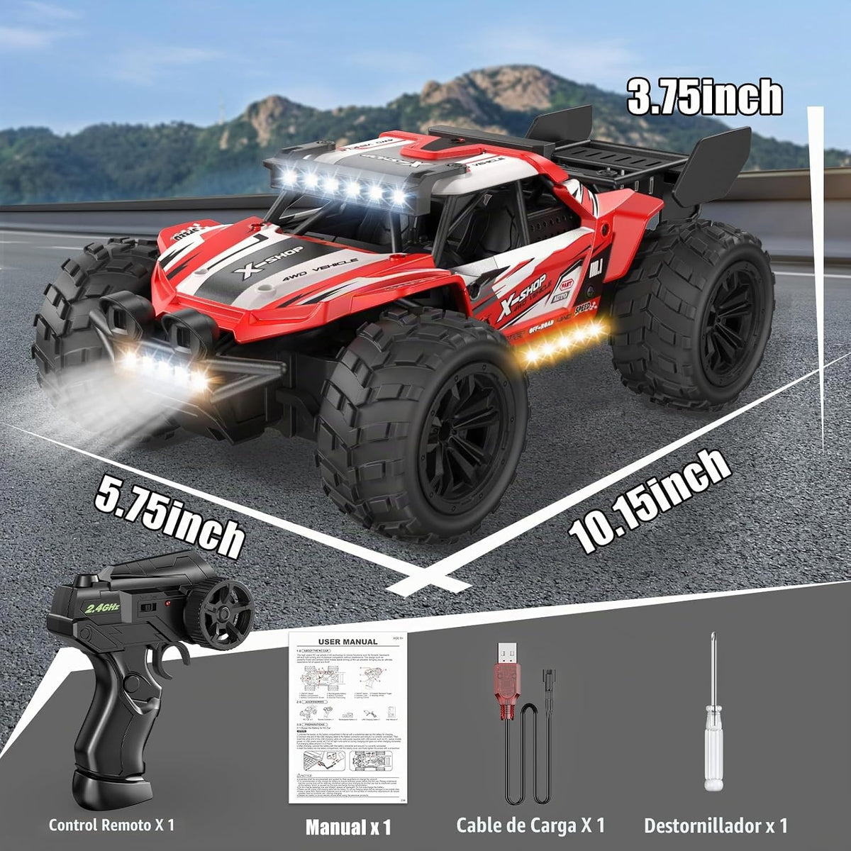 Auto de control remoto, 4WD de alta velocidad 30+KPH RC Cars para niños de 8 a 12 años, 2.4 GHz, camión RC Monster Truck 1:18 con 2 baterías recargables y luces LED, regalos de cumpleaños para