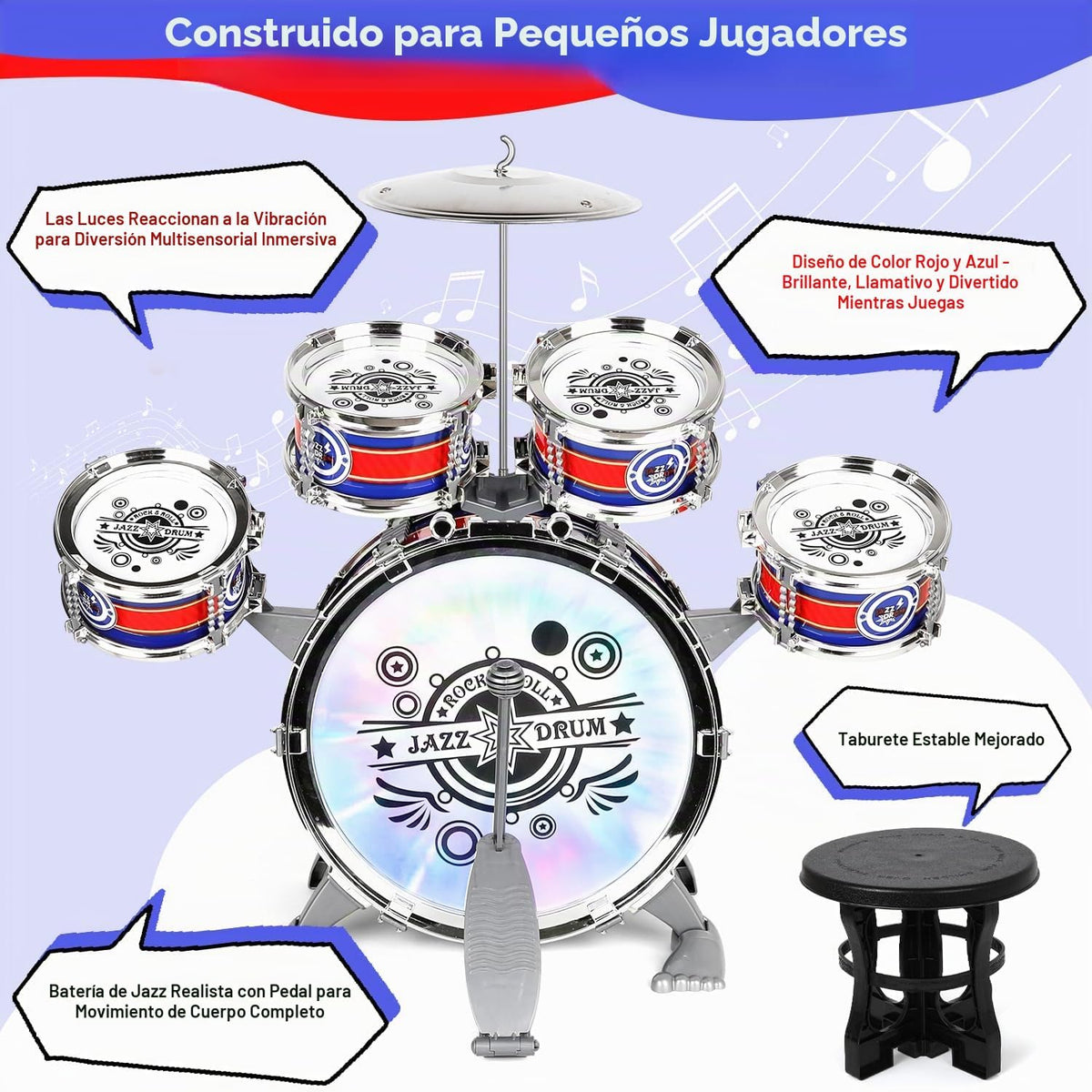 Set de Batería para Niños para Toddlers Edad 3+, Juguete de Tambores Musicales con Banco y Platillo