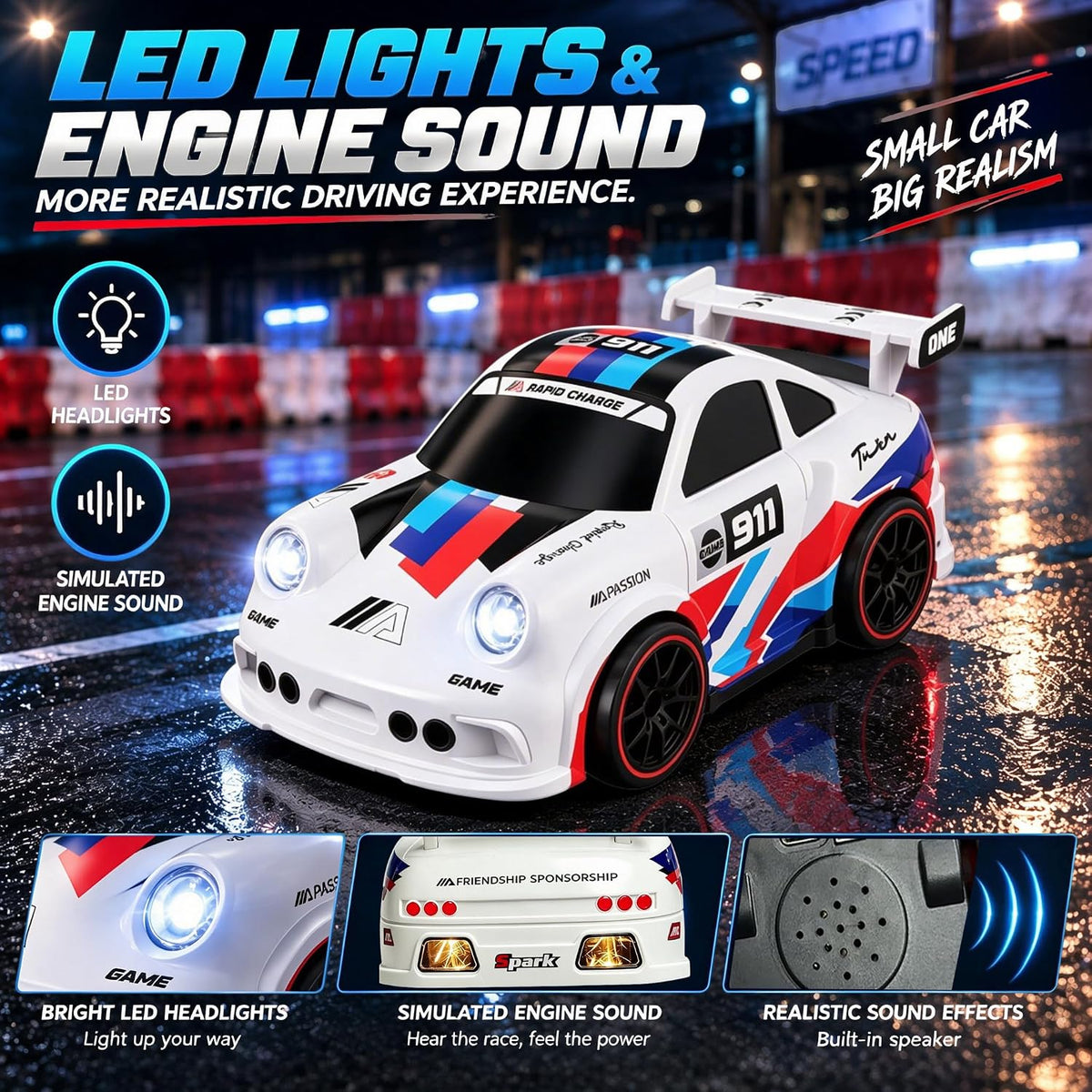 Coche de deriva RC con efecto chispa, coche de acrobacias con