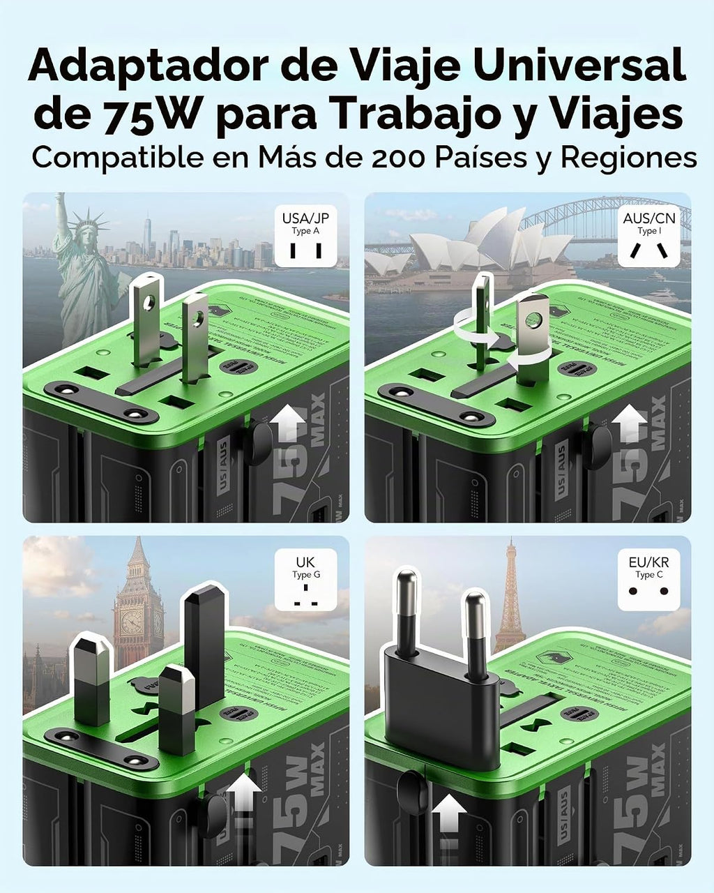 Adaptador de viaje universal de 5 puertos de 75 W, carga todo en uno