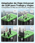 Adaptador de viaje universal de 5 puertos de 75 W, carga todo en uno