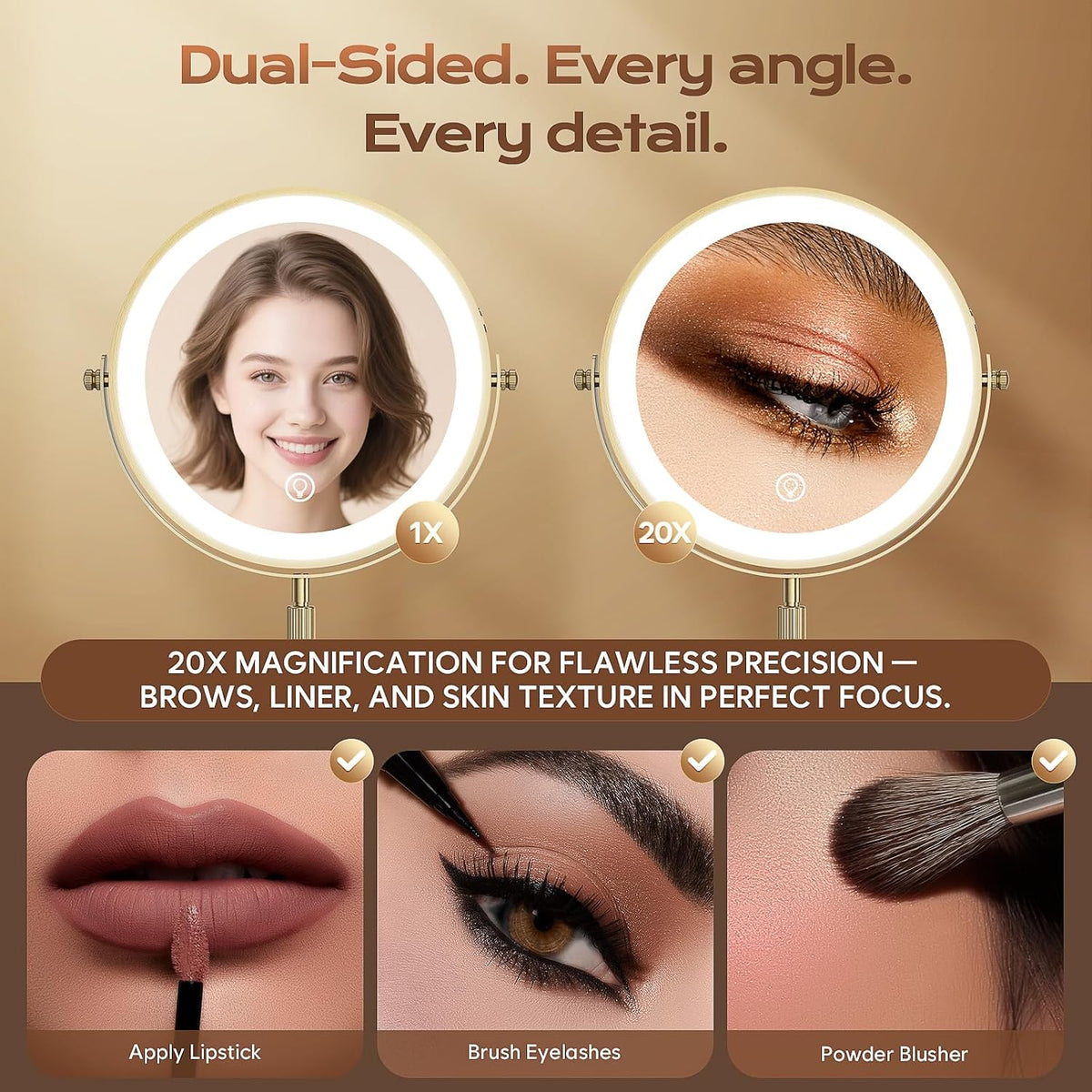 Dienmern Espejo de maquillaje, espejo de tocador recargable 1X/20X con