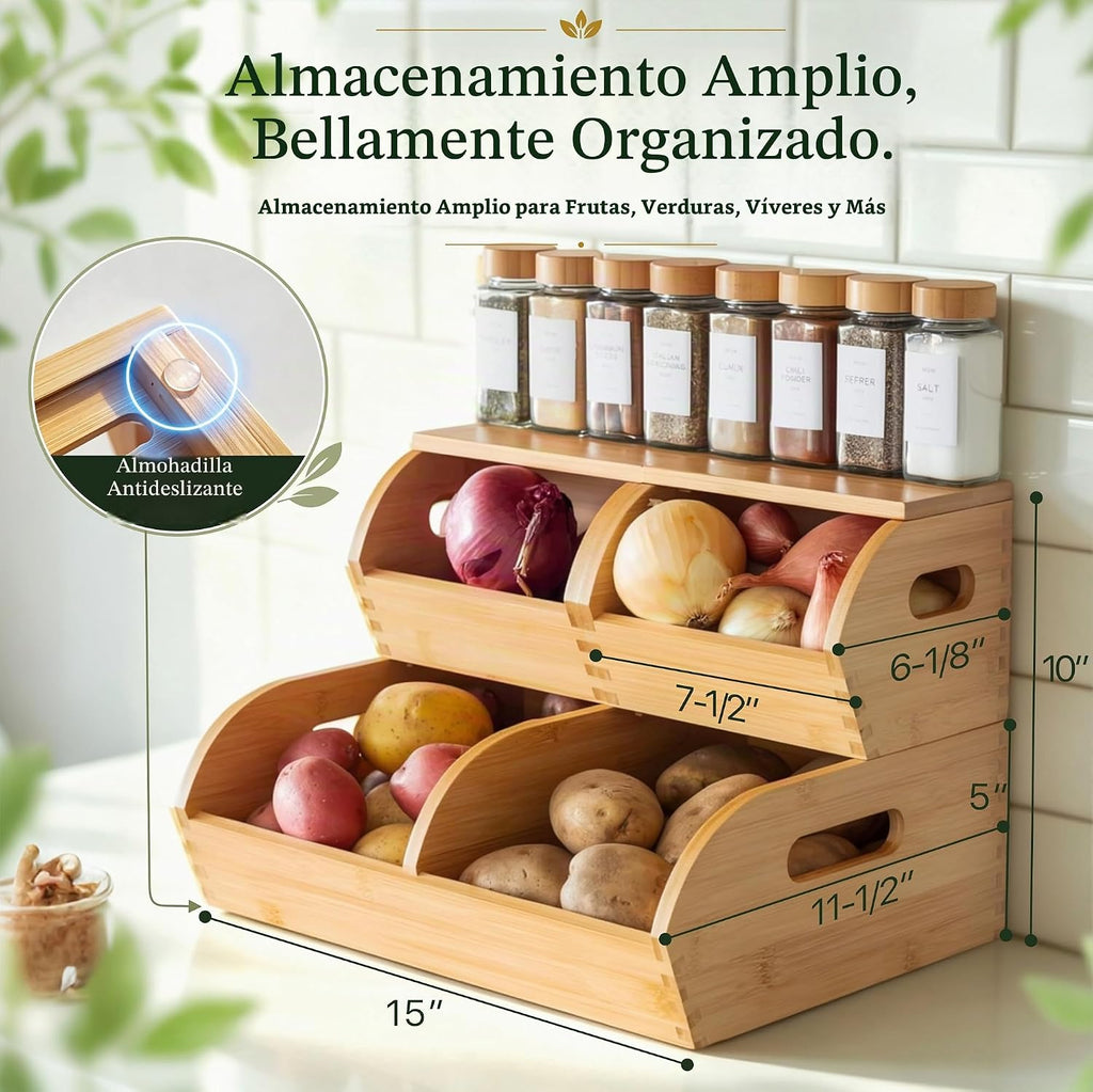 Papas de bambú y cebolla de almacenamiento de madera vegetal de ajo