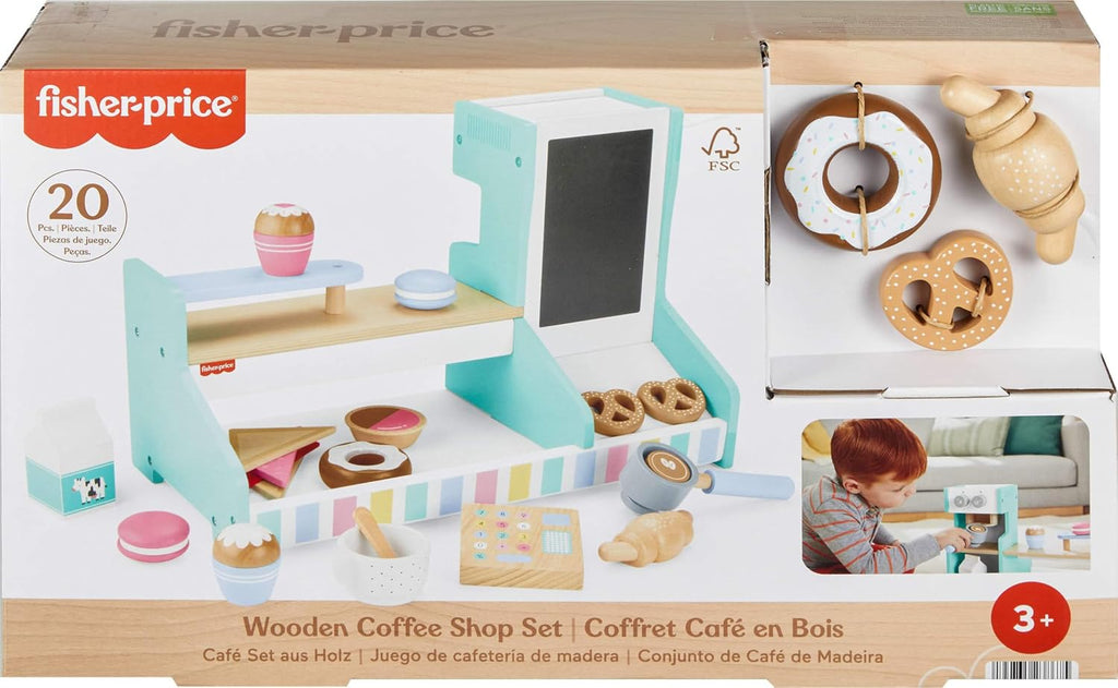 Fisher-Price Wood Pretend Play Coffee Shop & Toy Register, juego de comida de madera de 20 piezas para niños preescolares a partir de 3 años