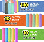 160 tizas para acera para niños - 14 colores, 10 con purpurina, 10 neón, tizas jumbo no tóxicas y lavables - Set a granel de pintura para exteriores para niños y niños pequeños - Juguetes de pizarra
