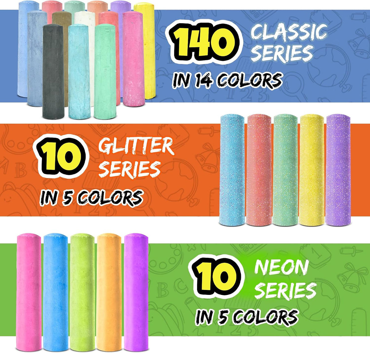 160 tizas para acera para niños - 14 colores, 10 con purpurina, 10 neón, tizas jumbo no tóxicas y lavables - Set a granel de pintura para exteriores para niños y niños pequeños - Juguetes de pizarra