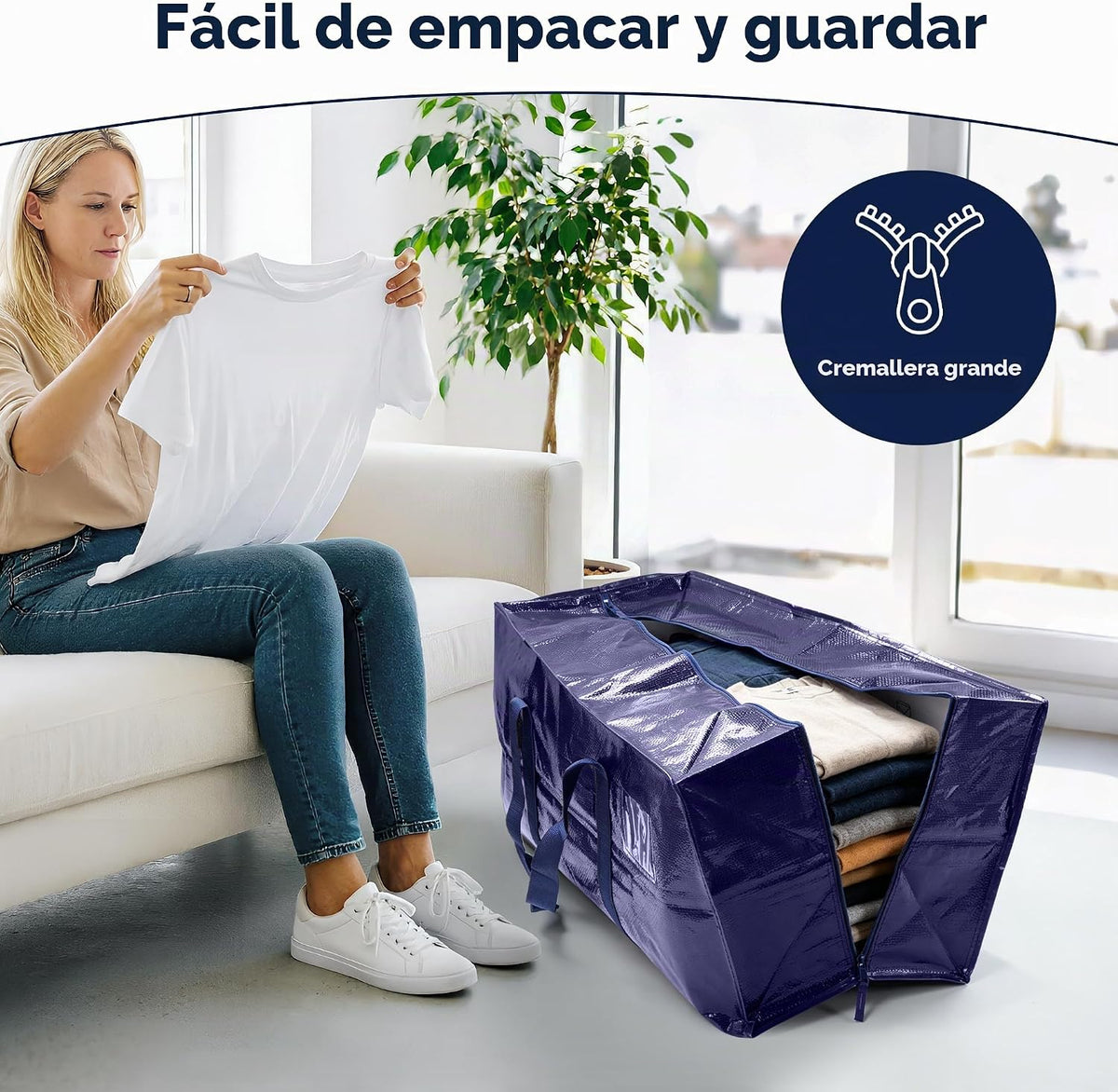 Paquete de 6 bolsas de mudanza resistentes de 210 GSM con cremallera lateral totalmente abierta, 93 L y 220 libras, impermeables, plegables para dormitorio universitario, alternativa de cajas de mudanza y organización del hogar, color azul