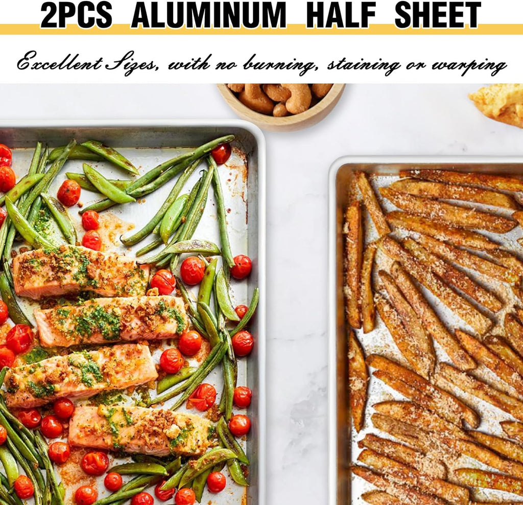 Juego de Bandejas para Hornear de Calidad Comercial, Bandeja de Horno de Aluminio Natural, Bandeja para Repostería a Prueba de Deformación Umite Chef, Bandejas para Galletas Grandes y Gruesas para Hornear, Asar (2 Pack, 18X13In)