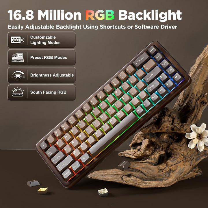 YUNZII WOOD68 Teclado mecánico inalámbrico, teclado de madera para...