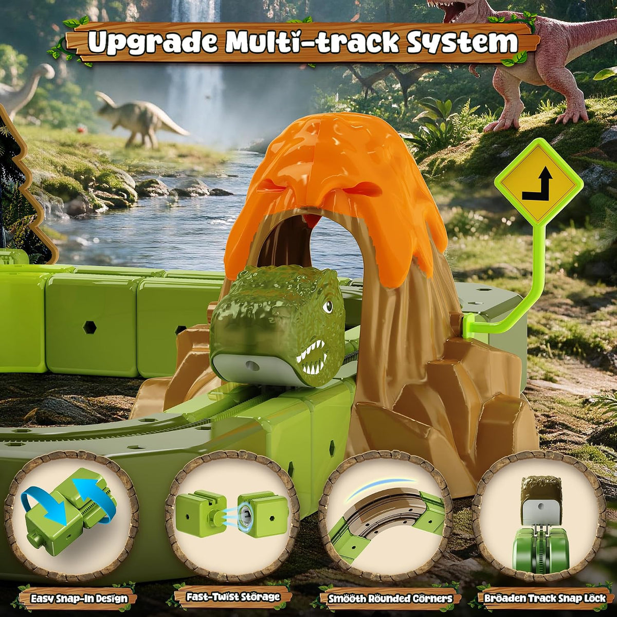 Juego de tren eléctrico de dinosaurio para niños, 90 piezas de