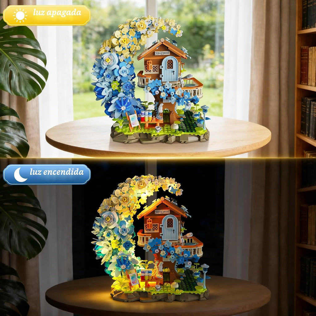 Blue Moon - Juego de construcción de casa de flores con luz, colección botánica, kit de bloques de construcción de casa del árbol, compatible con Lego para decoración del hogar de adultos