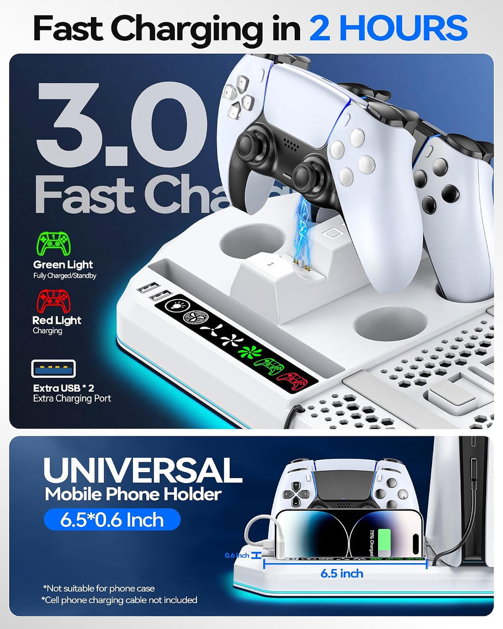 Estación de Enfriamiento con Cargador y Controlador para PS5/Slim/Pro, Soporte Vertical de PlayStation 5 para Consola con Disco y Digital, Estación de Carga Dual para Controladores PS5 con Ventilador de Enfriamiento de 3 Niveles, Juegos de PlayStation 3