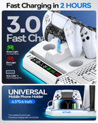 Estación de Enfriamiento con Cargador y Controlador para PS5/Slim/Pro, Soporte Vertical de PlayStation 5 para Consola con Disco y Digital, Estación de Carga Dual para Controladores PS5 con Ventilador de Enfriamiento de 3 Niveles, Juegos de PlayStation 3
