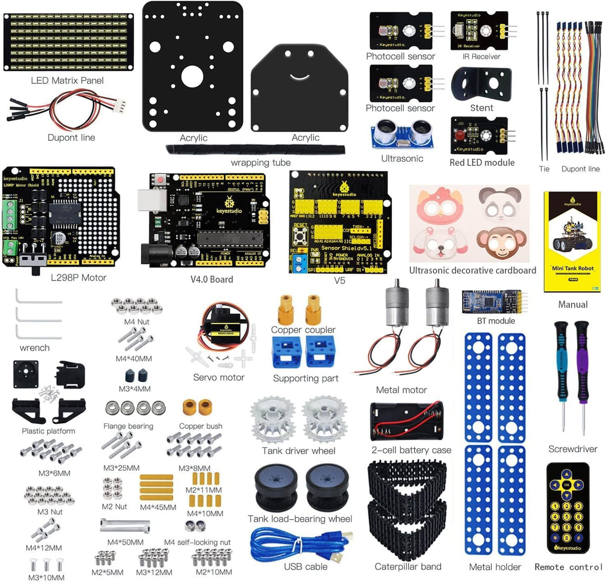 KEYESTUDIO - Kit robótico de mini tanque para Arduino, control remoto de aplicación/IR (iOS y Android), seguimiento ligero y ultrasónico, panel LED de 8 x 16 pulgadas, kit STEM para principiantes y