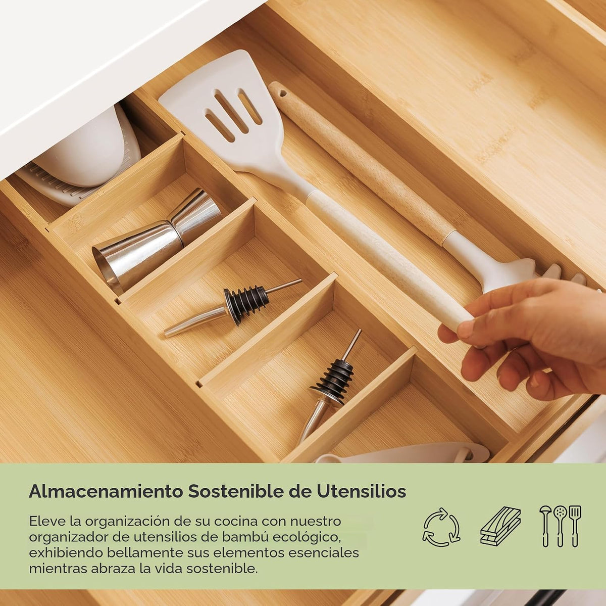 Organizador de cajones de cocina ajustable para utensilios y basura, expandible a 28 pulgadas de ancho, 9 compartimentos, 100% bambú