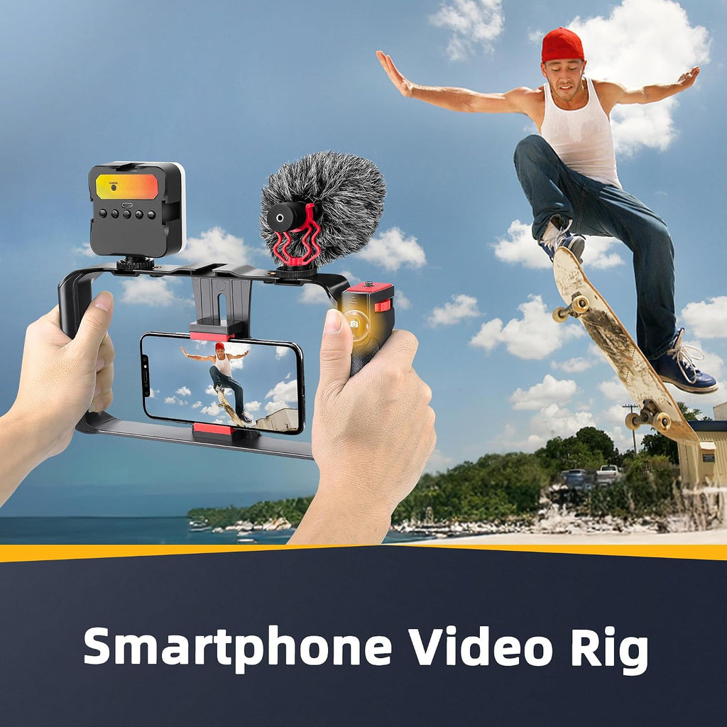 Zeadio Estabilizador de cámara para teléfono inteligente, kit de aparejo de video todo en uno con jaula para teléfono, luz de video RGB, micrófono, adaptador de cámara de acción, compatible con teléfonos inteligentes, cámara de acción, DSLR, cámaras, etc