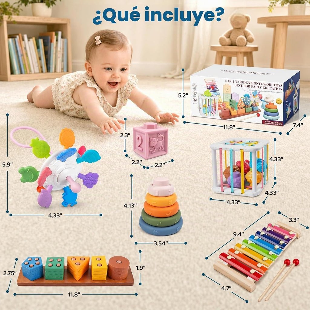 Set de Juguetes Montessori 6-en-1 para Bebés con Clasificador de Formas de Madera, Xilófono y Mordedor