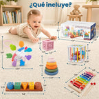 Set de Juguetes Montessori 6-en-1 para Bebés con Clasificador de Formas de Madera, Xilófono y Mordedor